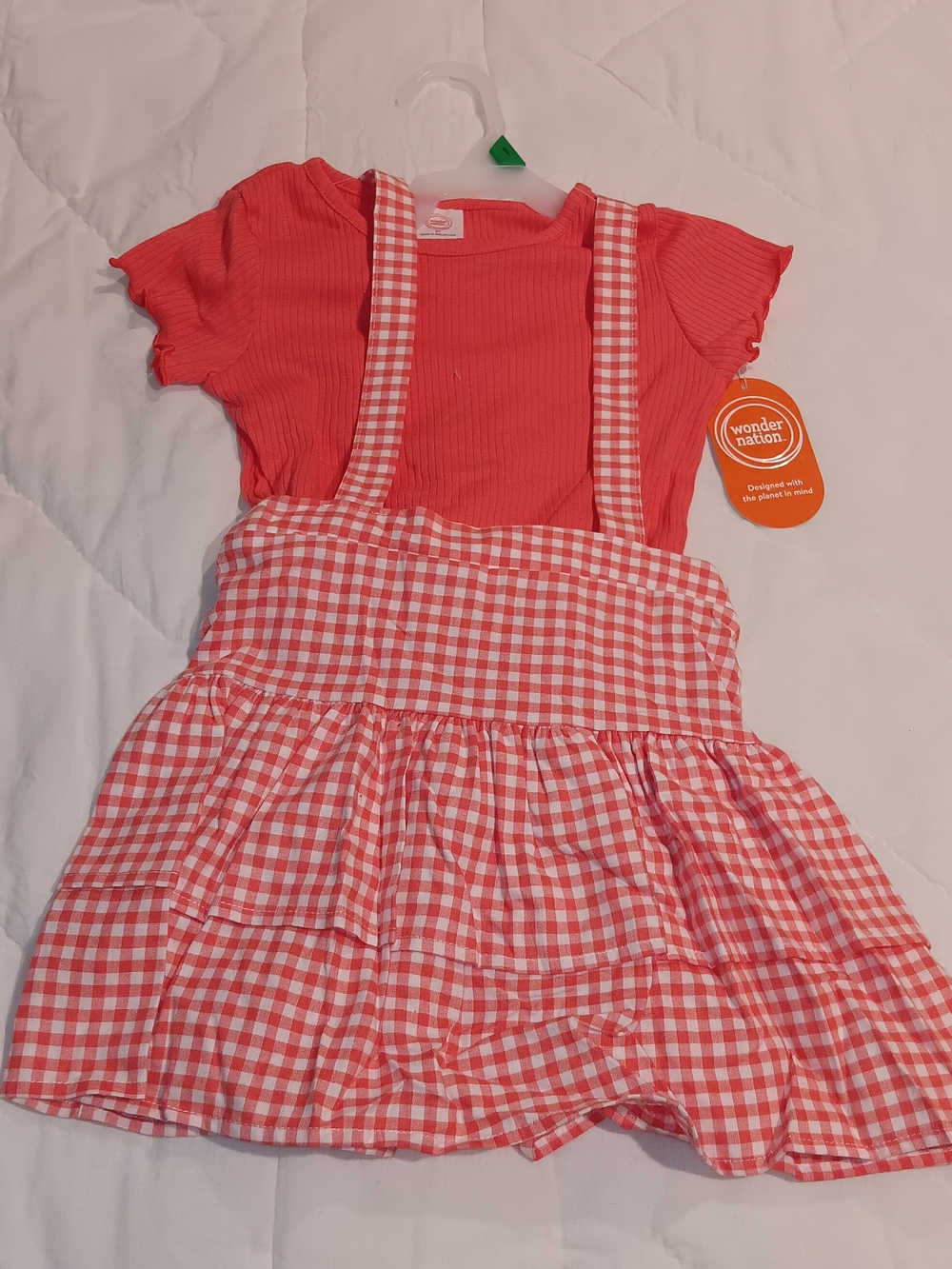 wonder nation 🍑 Coral Pink Ribbed Tee with Orange Gingham Suspender Skirt Set